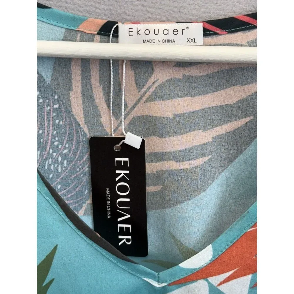 Ekouaer Women's 2XL Blue Floral Print Beach Swimsuit Cover Up V Neck‎ Tie Waist